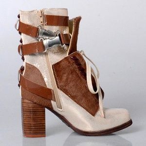 Horse hair lace up buckle chunky block heel ankle boots